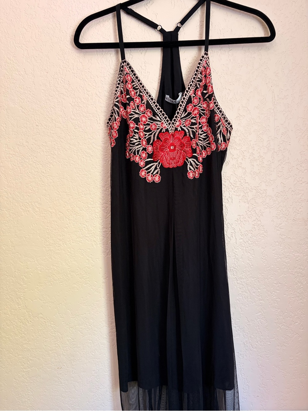 NWT Alice + Olivia Black Silk Chiffon Strappy Maxi Dress Red Floral Embroidery S